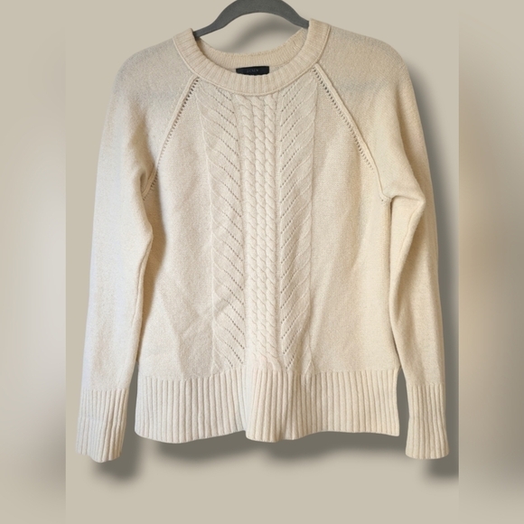 J. Crew Cream Pointelle Cable Knit 100% Wool Knit Crewneck Sweater Classic - Picture 1 of 10